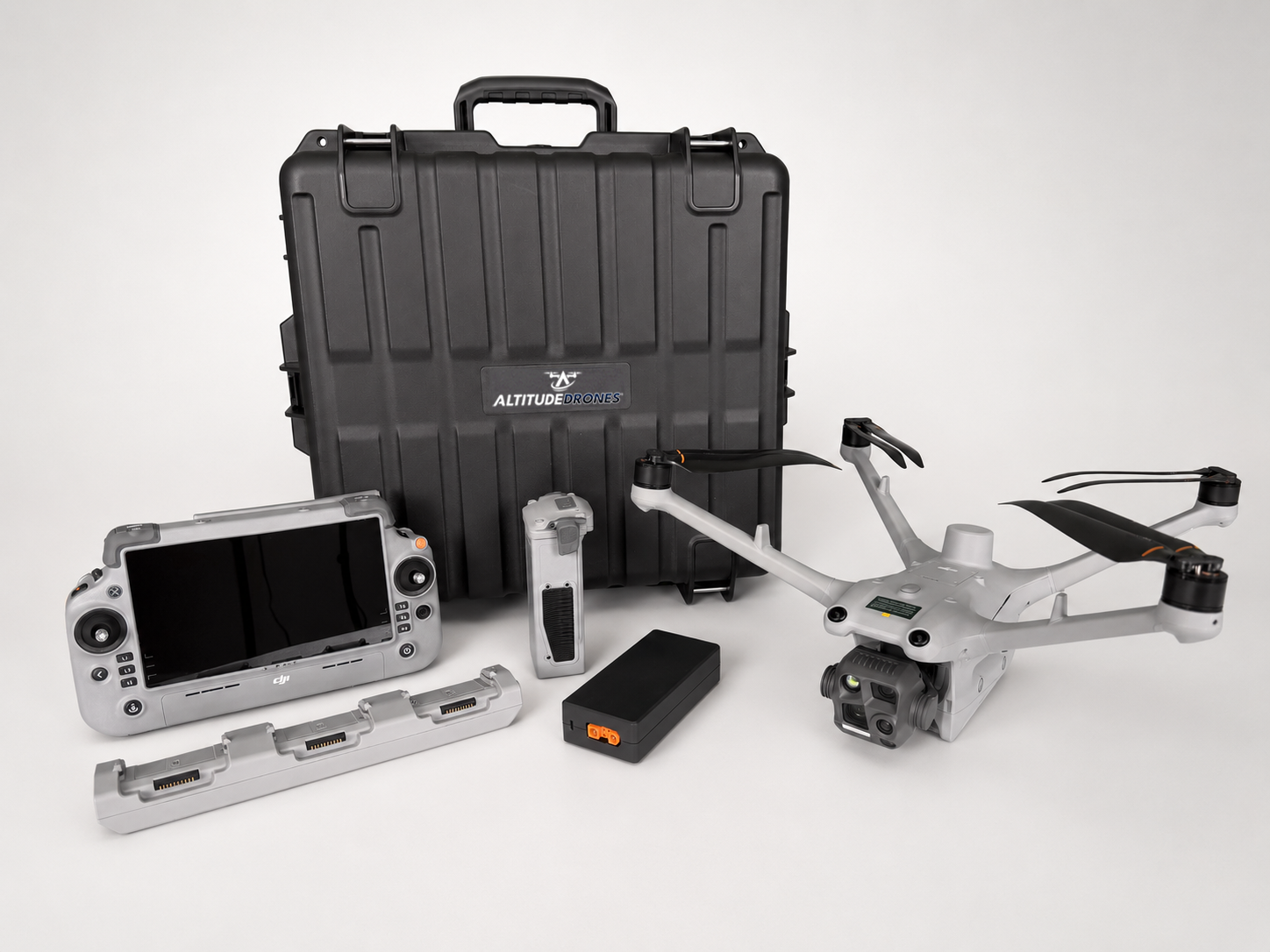 DJI Matrice 4TD standalone combo thermal enterprise drone from Altitude Drones, displayed with all included accessories and case