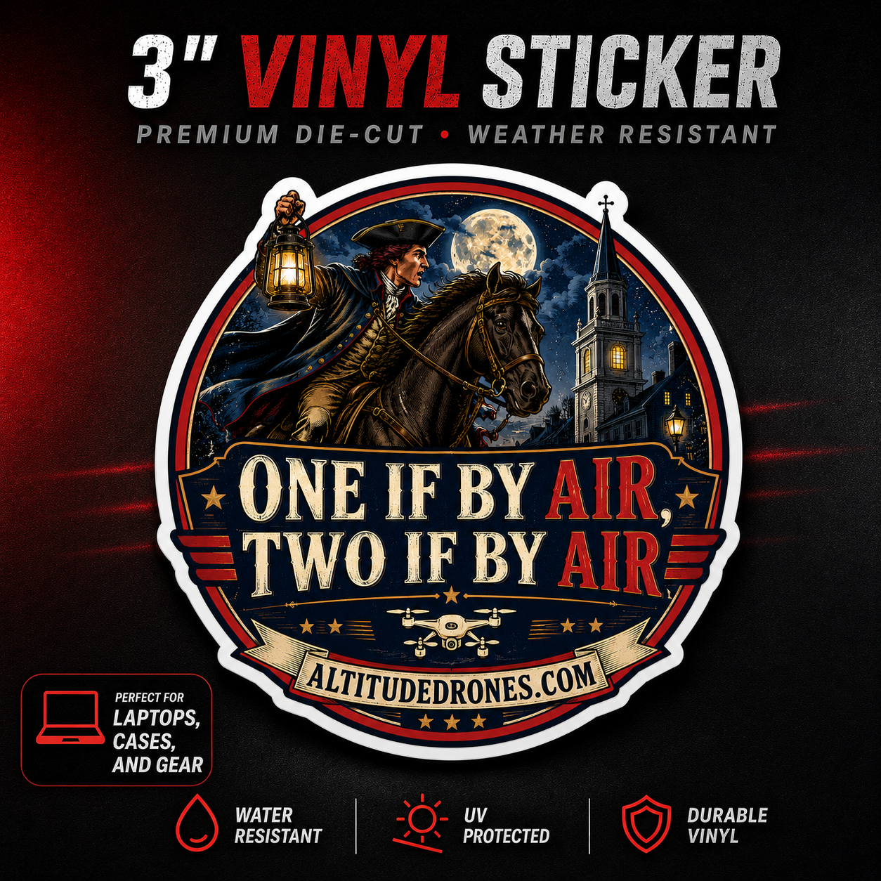Funny Drone Sticker from Altitude Drones - One if by Air, Two if by Air