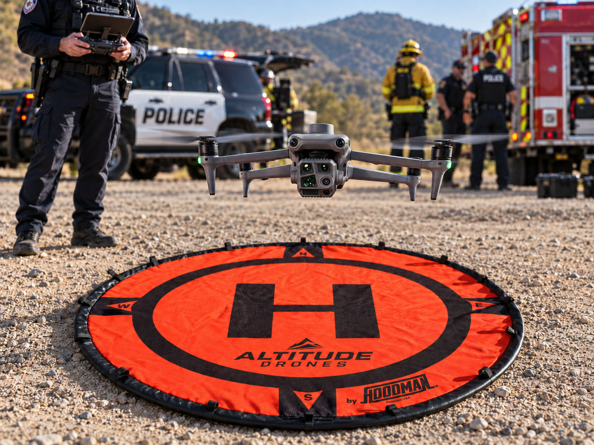 Hoodman 3ft Drone Launch Pad (Altitude Drones Branded) in use at a public safety emergency operation