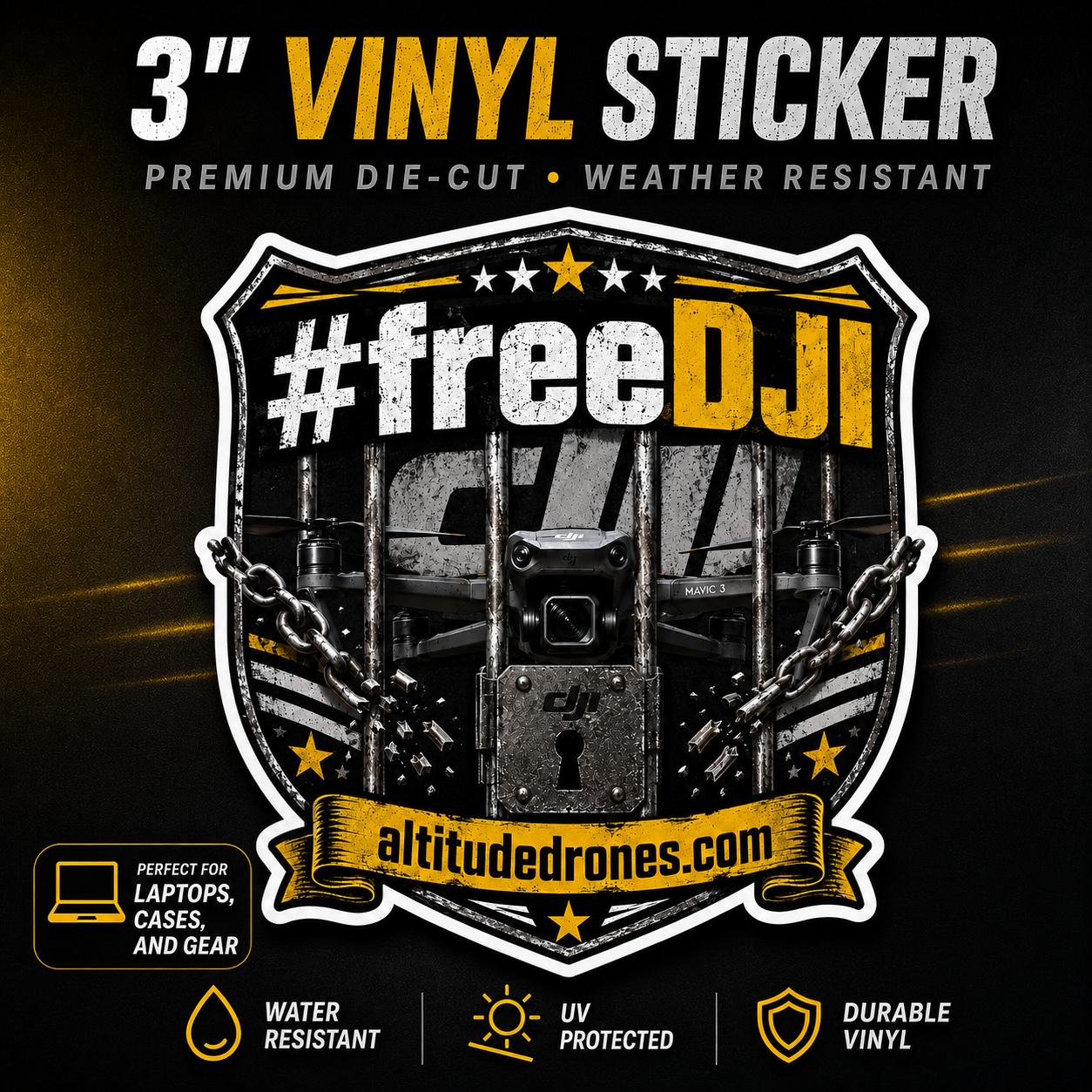 A 3-inch vinyl sticker design featuring a black and gold shield emblem with the text '#freeDJI' and 'altitudedrones.com' over a padlock and chain graphic.