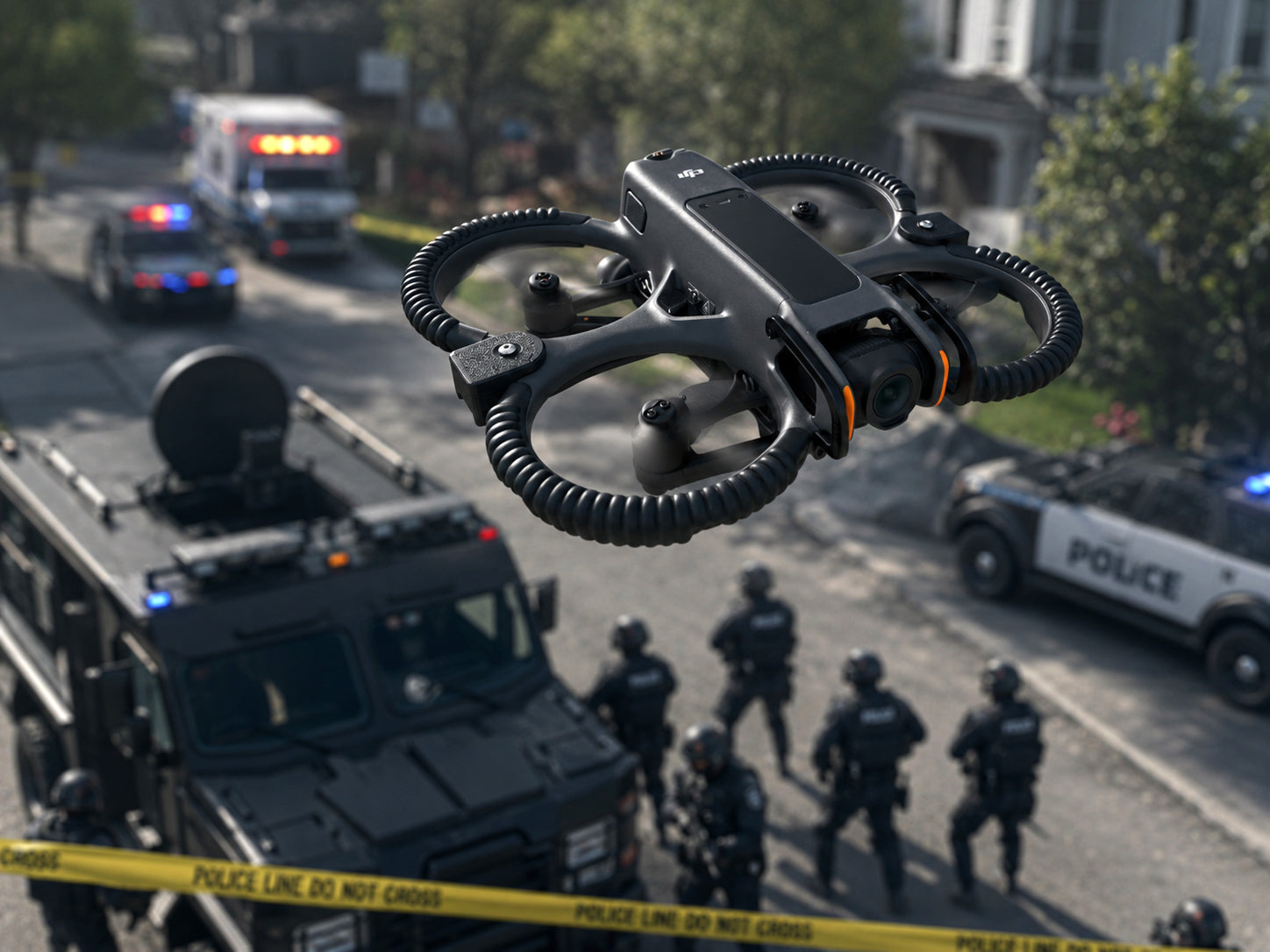 DJI Avata 2 drone from Altitude Drones being flown overhead a swat operation. The Avata 2 is the ultimate tactical interior drone