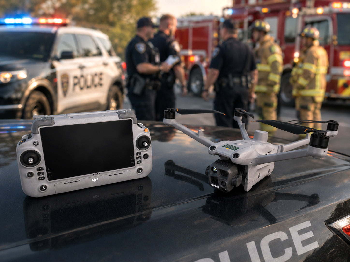 DJI Matrice 4TD thermal enterprise drone with remote from Altitude Drones shown being used on a public safety emergency scene
