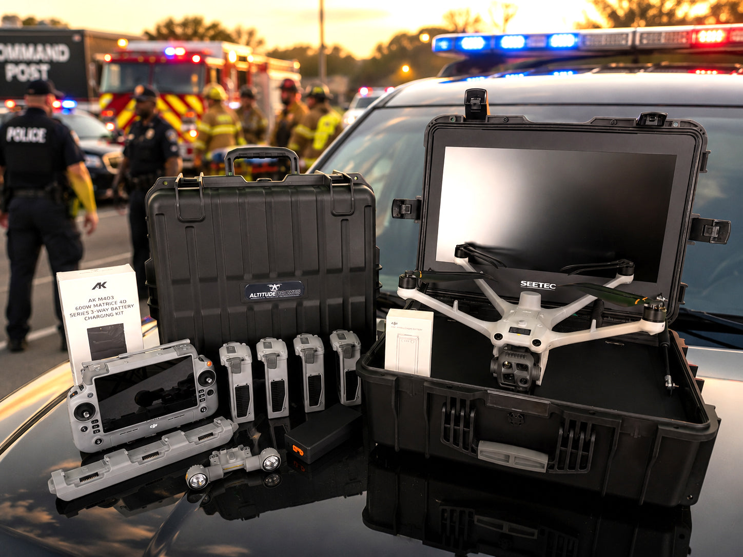 DJI Matrice 4TD thermal enterprise drone combo with Seetec WPC 215 monitor from Altitude Drones shown being used on a public safety emergency scene