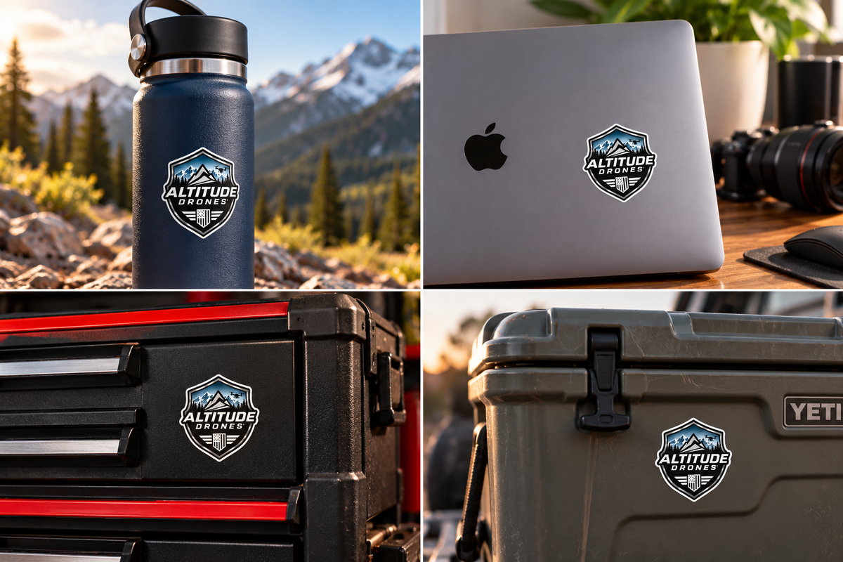 Altitude Drones 2026 Sticker (3") shown on various items for illustrative purposes
