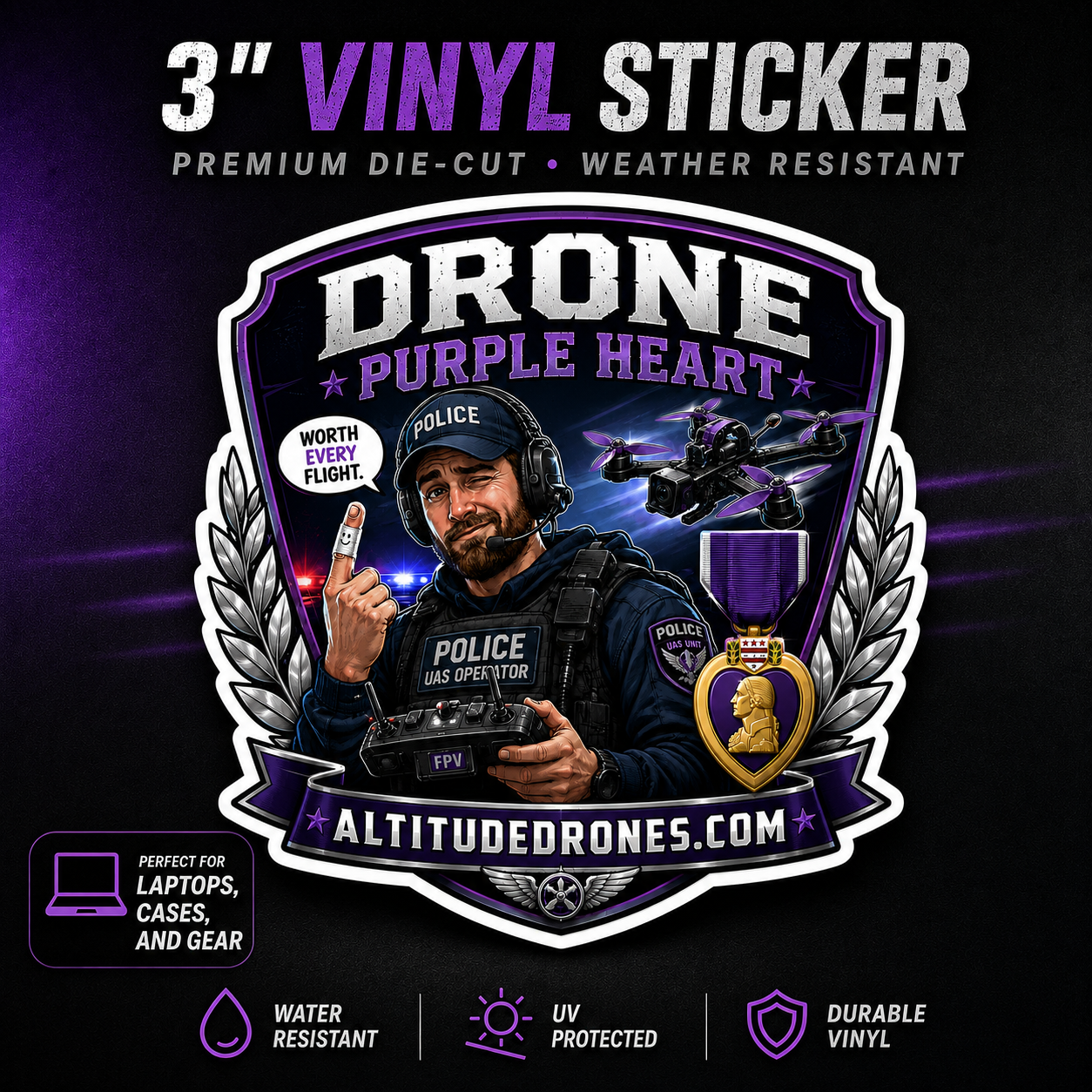 A 3-inch die-cut vinyl sticker design featuring a police drone pilot in tactical gear with a headset and helmet, holding a drone and a tablet. The design includes the text 'DRONE PURPLE HEART', 'ALTITUDEDRONES.
