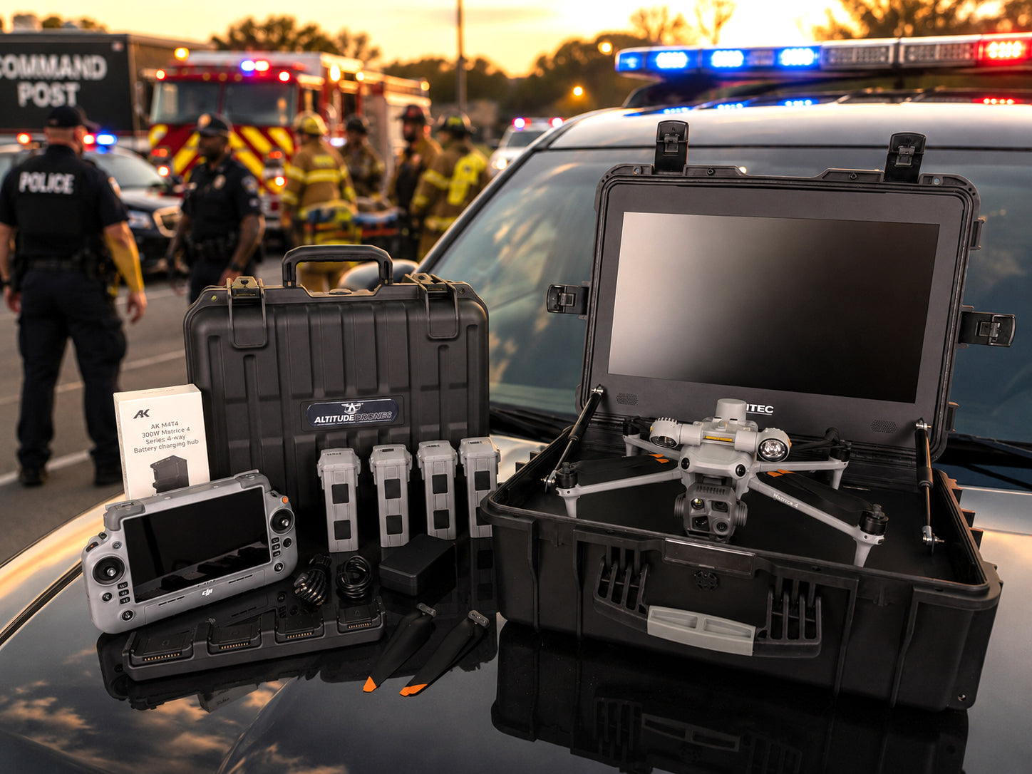 DJI Matrice 4T public safety combo drone with Seetec monitor from Altitude Drones being used in a tactical operation with police and fire personnel