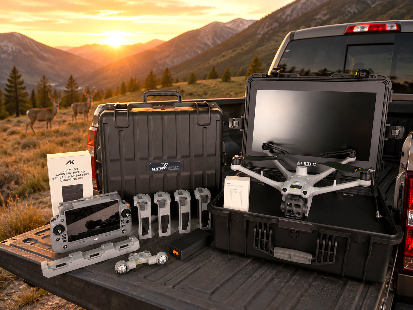DJI Matrice 4TD thermal deer recovery drone mobile ops bundle with Seetec WPC 215 21.5" monitor from Altitude Drones showcased in the mountains 