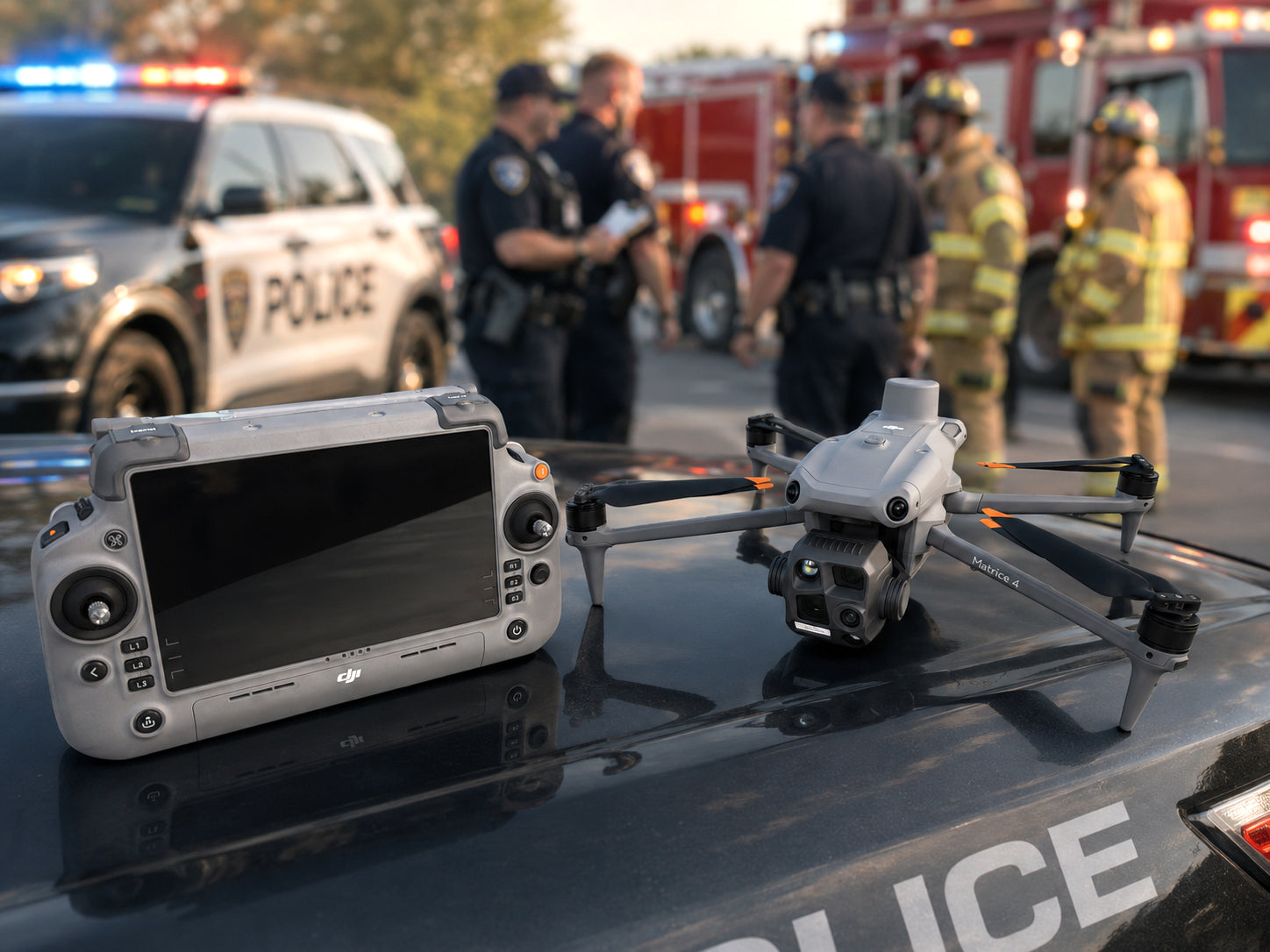 DJI Matrice 4T public safety combo drone from Altitude Drones being used in a tactical operation with police and fire personnel