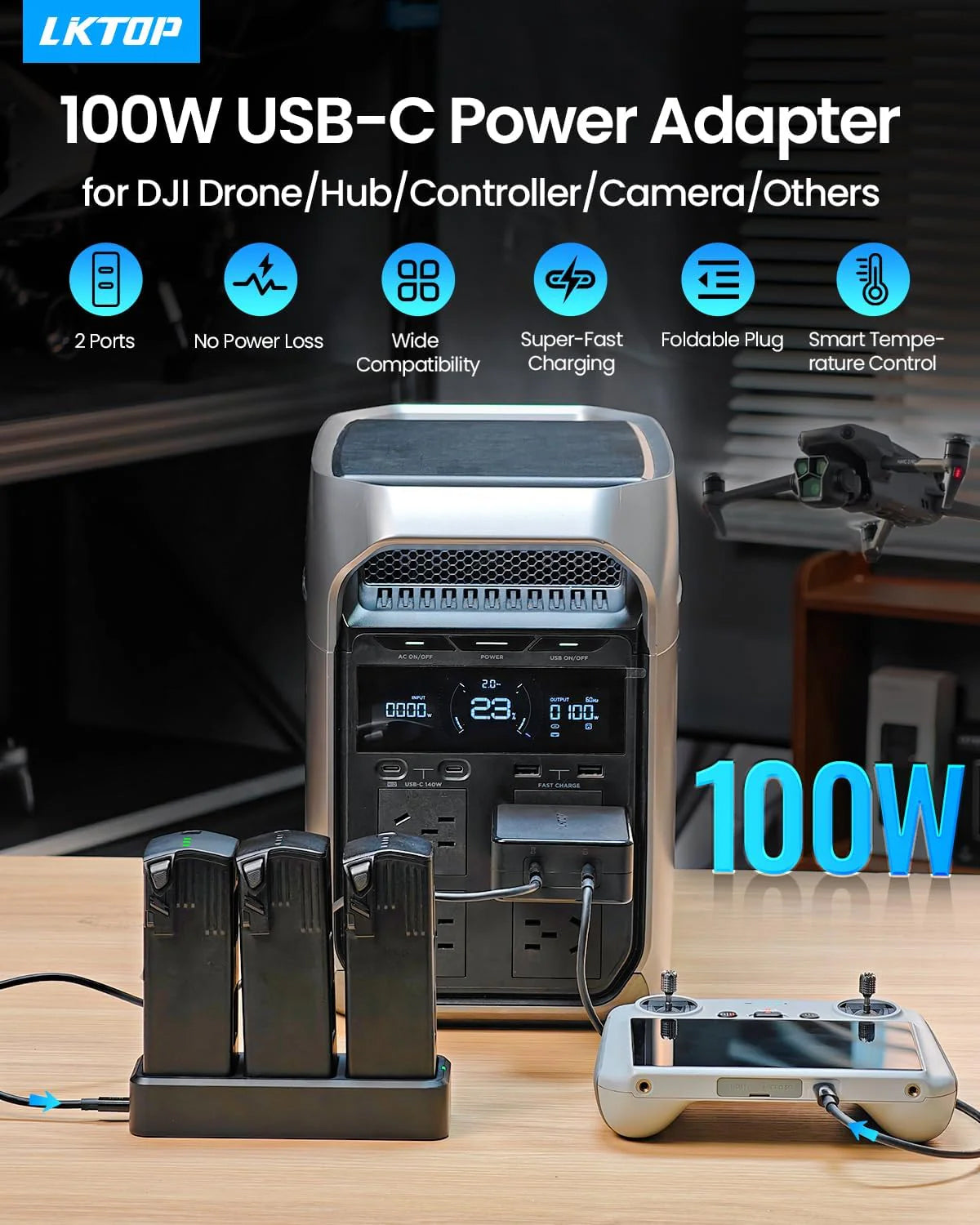 LKTOP 100W Fast Charging Hub/Adapter Combo for DJI Avata 2 Series Drones
