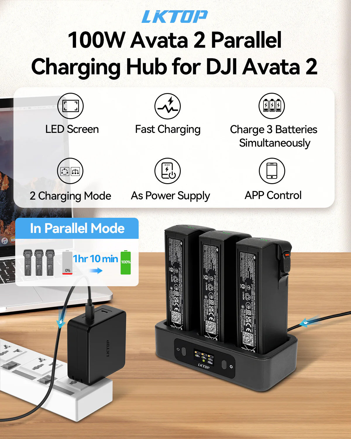 LKTOP 100W Fast Charging Hub for DJI Avata 2 drone batteries from Altitude Drones